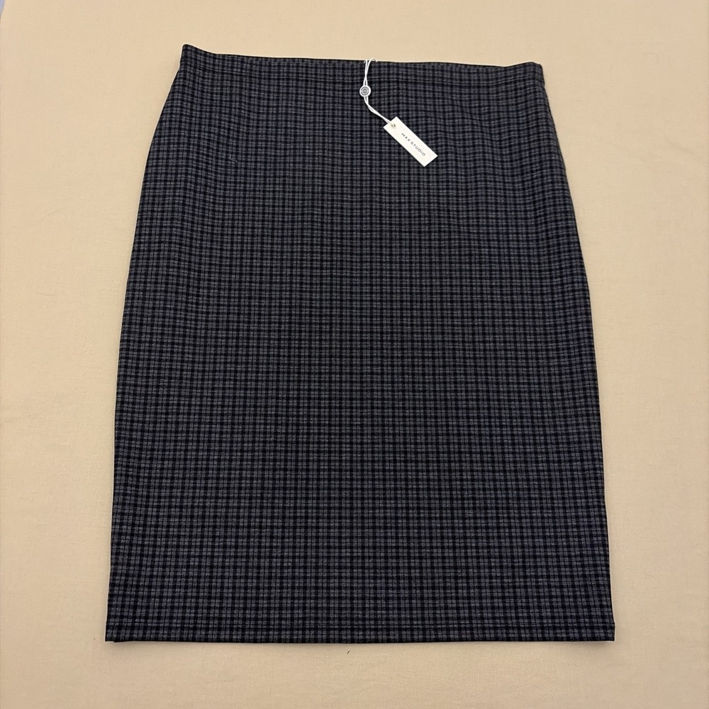 MAX STUDIO Women's XL Size Black - Gray Check Plaid Stretch Knit Midi Skirt New